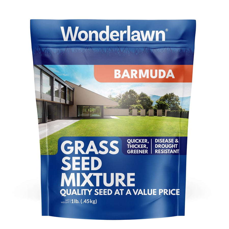 Blue Wonderlawn branded pouch labeled 'Barmuda' with a lawn photo and large 'Grass Seed Mixture' text