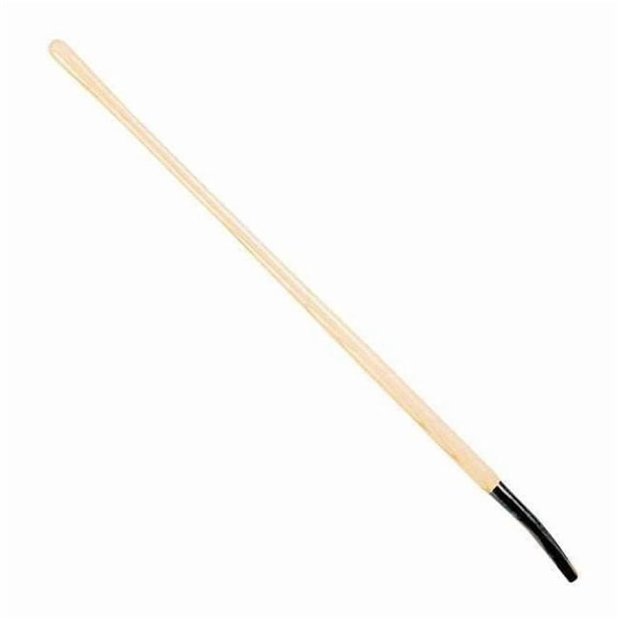 Angled view of a long wooden tool handle with a black protective end sleeve, white background