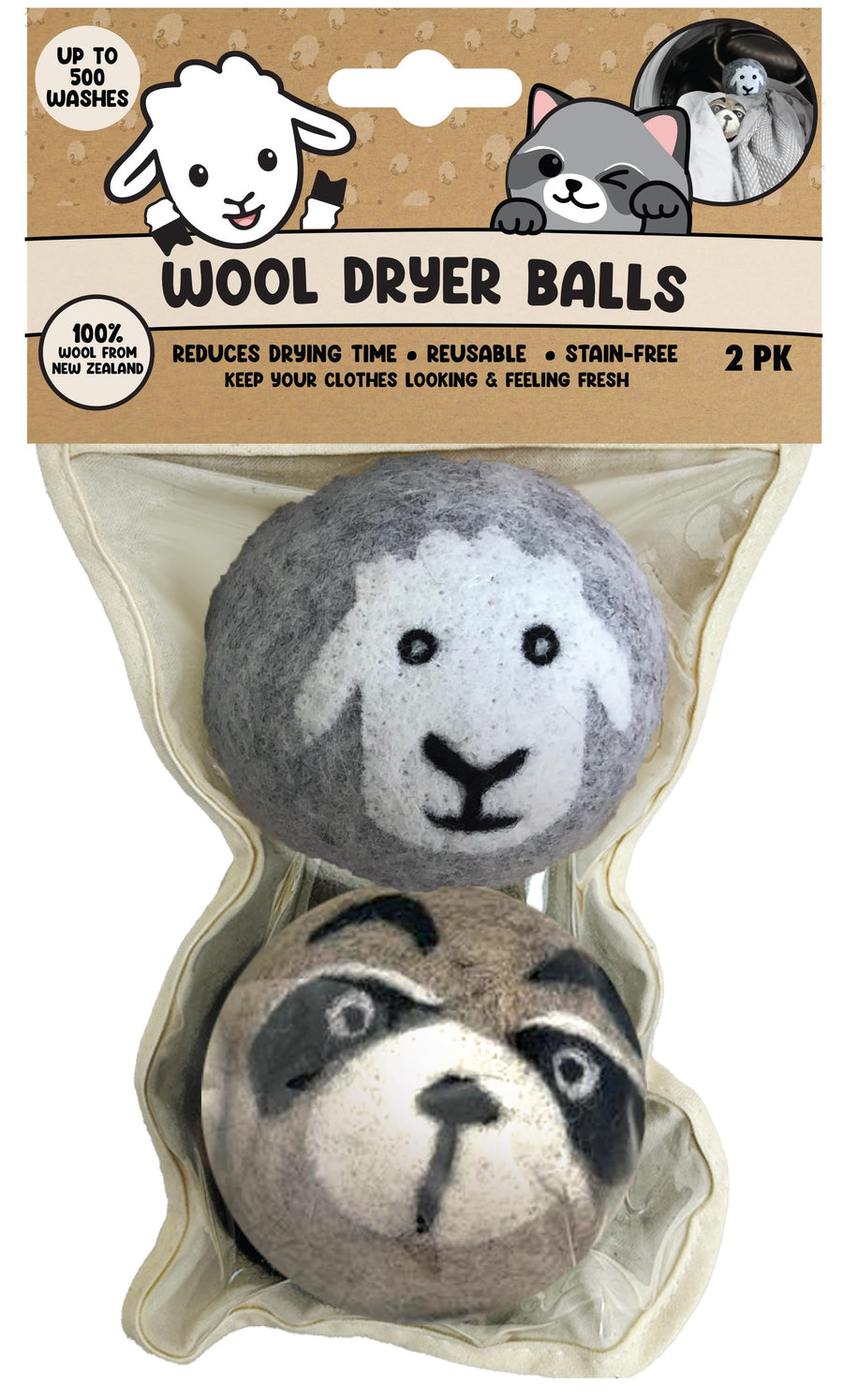 Two felt wool dryer balls with sheep and raccoon faces packaged in a clear reusable pouch with header card