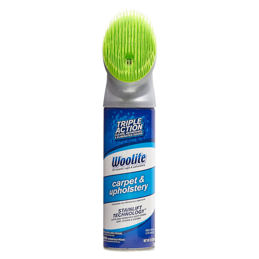 Woolite carpet & upholstery spray can with built-in green brush head on a white background