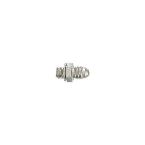 Small stainless steel threaded crush-washer seal adapter fitting shown on white background