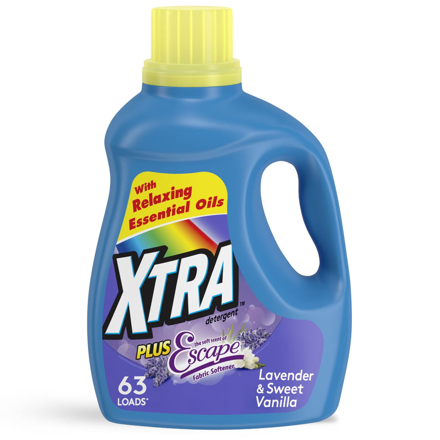 Blue Xtra liquid detergent bottle with yellow cap and lavender & sweet vanilla label
