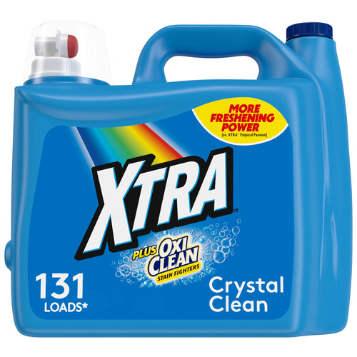 Blue XTRA liquid laundry detergent jug labeled “Plus OxiClean” with 131 loads and Crystal Clean