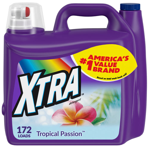 Purple jug of Xtra Tropical Passion liquid detergent with rainbow logo and frangipani flower label