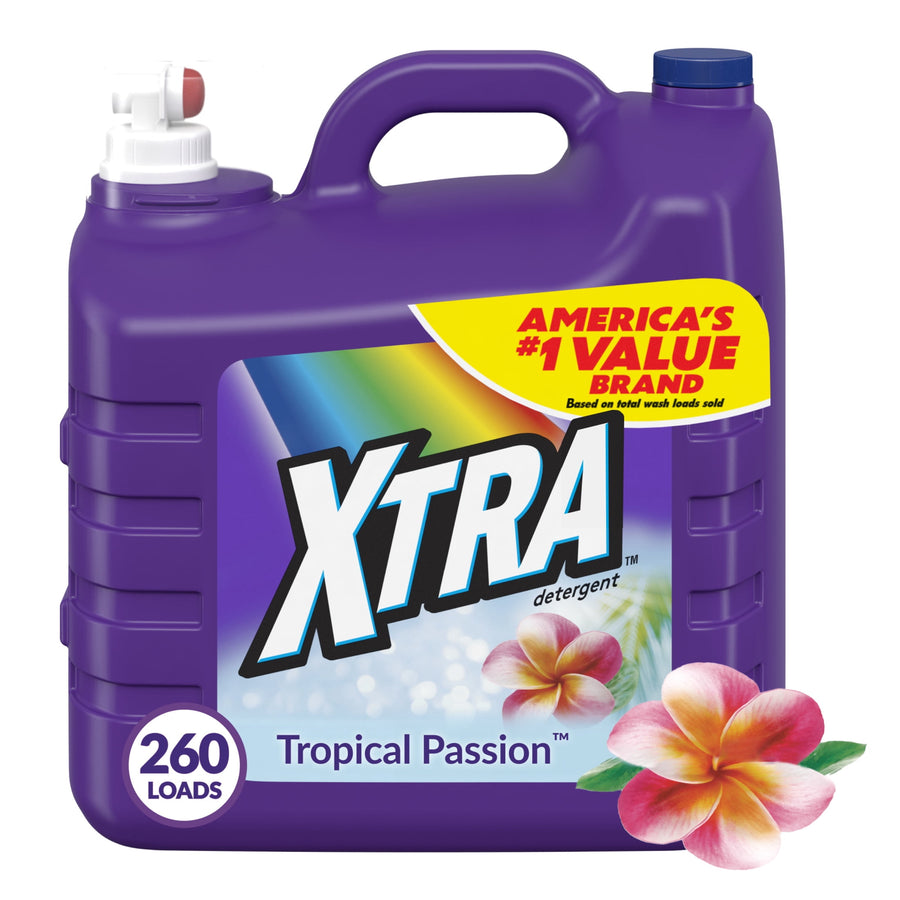 Purple jug of XTRA Tropical Passion liquid laundry detergent with plumeria flower graphic