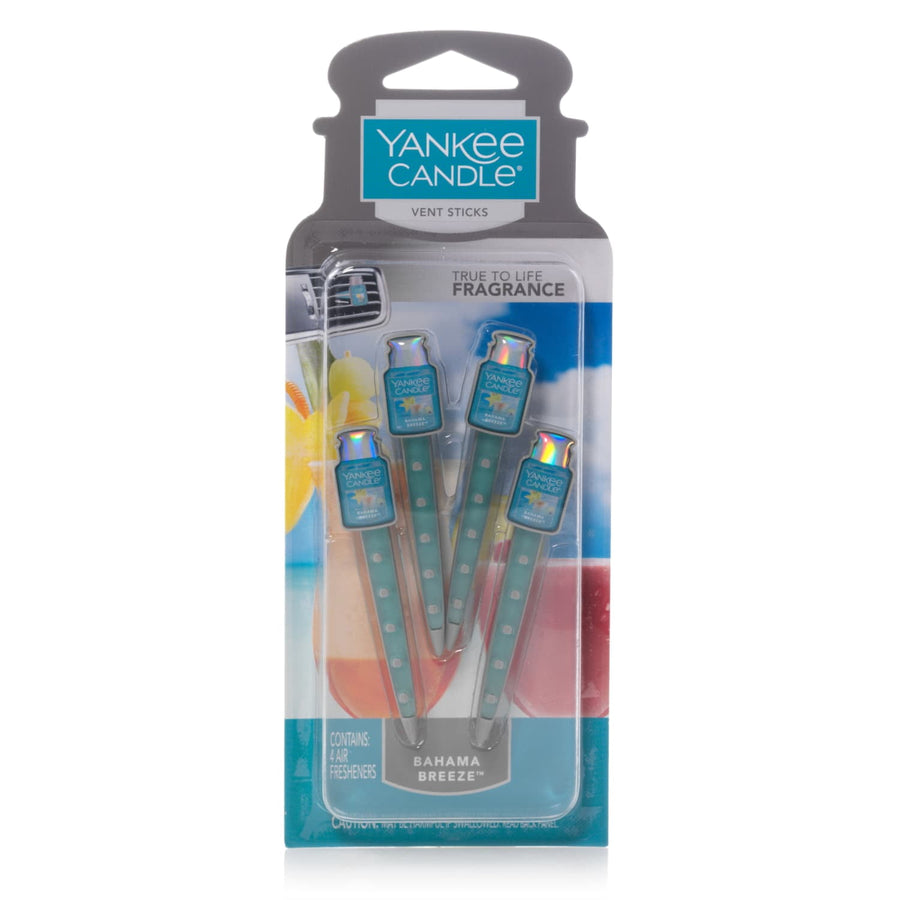 Blister pack of four Yankee Candle vent sticks in Bahama Breeze packaging with turquoise branding and tropical background.