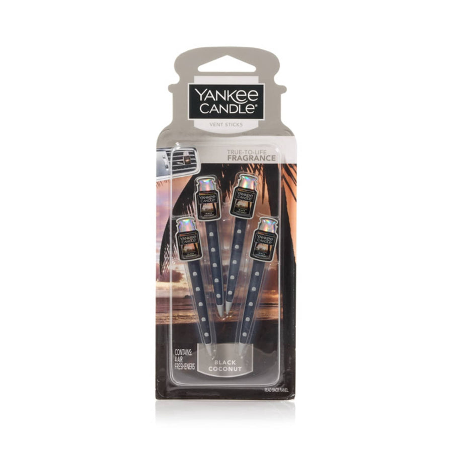 Yankee Candle Black Coconut vent sticks in blister pack showing four dark vent sticks and branded header