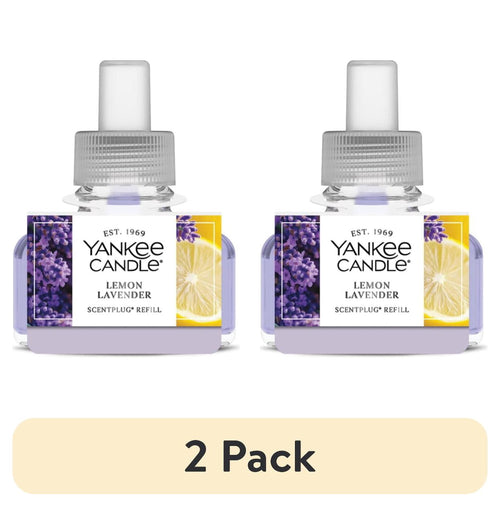 Two Yankee Candle Lemon Lavender ScentPlug refill bottles with lemon and lavender label artwork on white background.