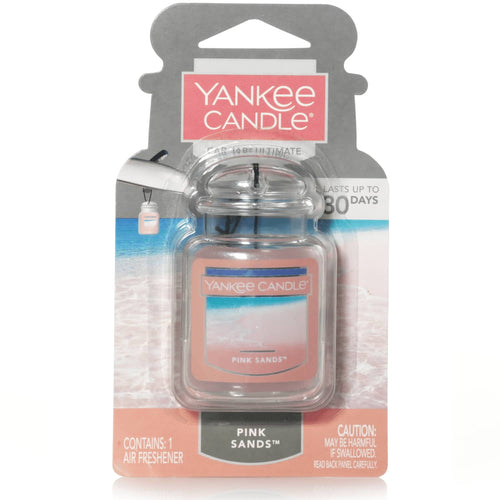 Yankee Candle Pink Sands Car Jar Ultimate packaged in blister card showing jar-shaped hanging air freshener