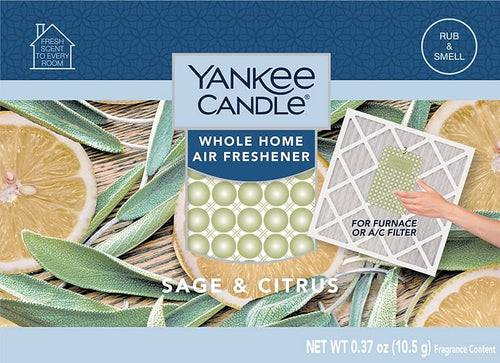 Front packaging of Yankee Candle Whole Home Air Freshener Sage & Citrus with lemon slices and sage leaves graphics.