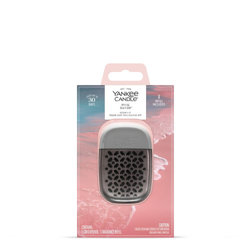 Yankee Candle Sidekick visor clip in pewter packaging labeled Pink Sands fragrance refill