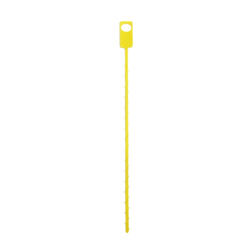Single yellow flexible plastic drain cleaner snake tool with barbed notches and hanging hole on handle