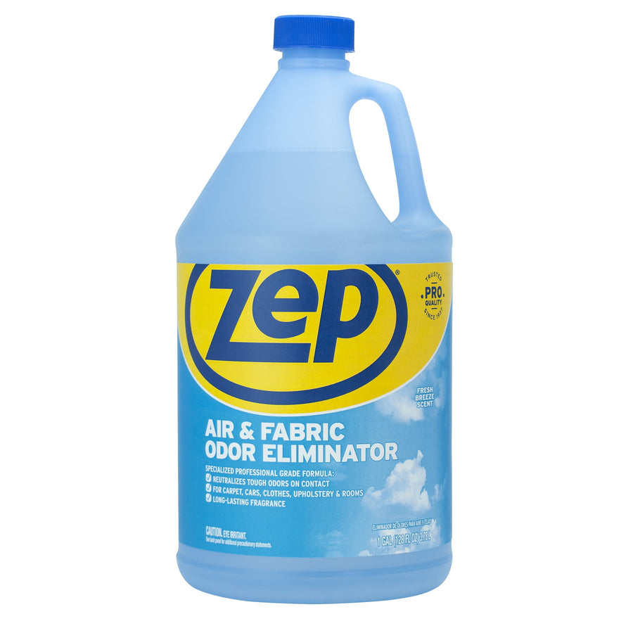 Single blue gallon jug of Zep Air & Fabric Odor Eliminator with large yellow Zep logo on a white background