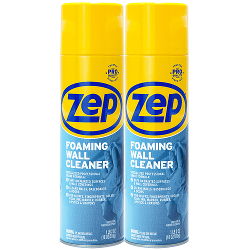 Two Zep foaming wall cleaner aerosol cans with yellow caps shown side by side on white background.