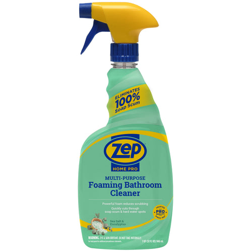 Single Zep Home Pro foaming bathroom cleaner bottle with yellow trigger on white background