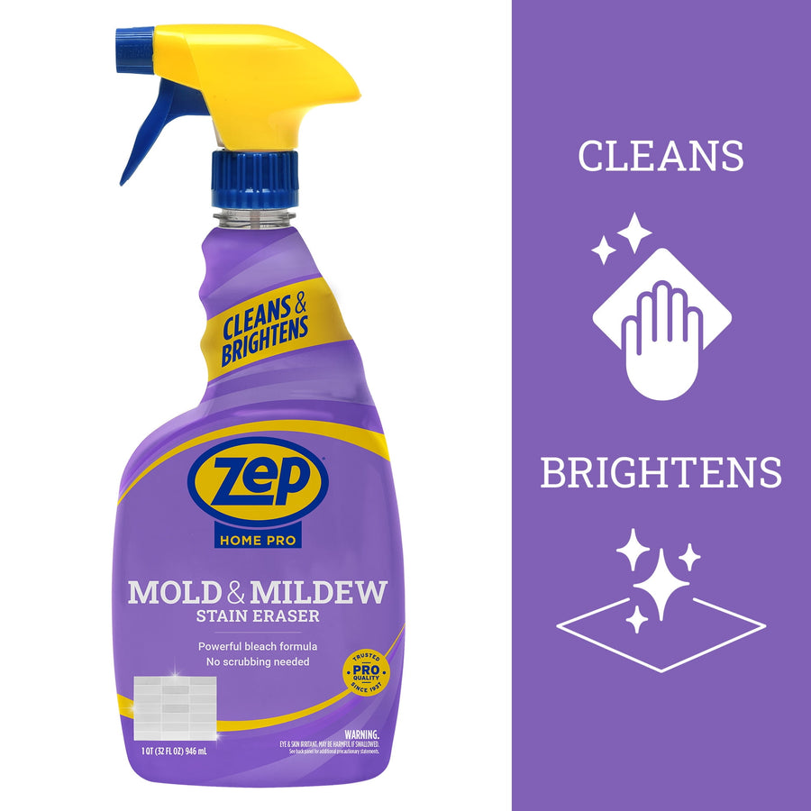 Front-facing spray bottle of Zep Home Pro Mold & Mildew Stain Eraser with purple label