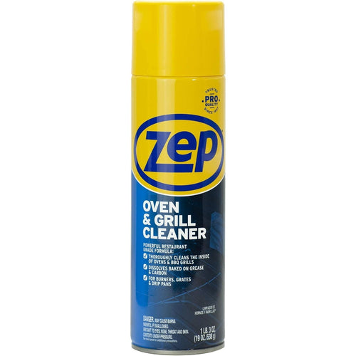 Tall yellow-and-blue Zep aerosol can labeled 'Oven & Grill Cleaner' on a white background