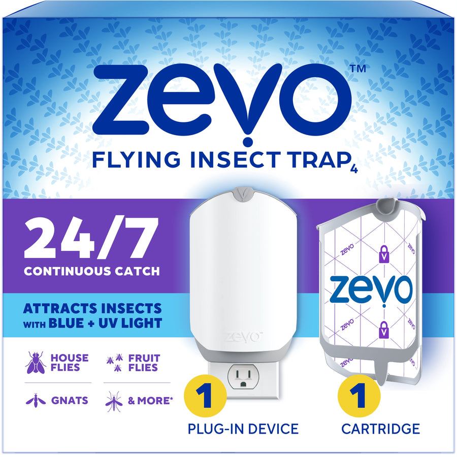 Zevo branded product box front showing plug-in insect trap and cartridge with 24/7 and blue light callouts