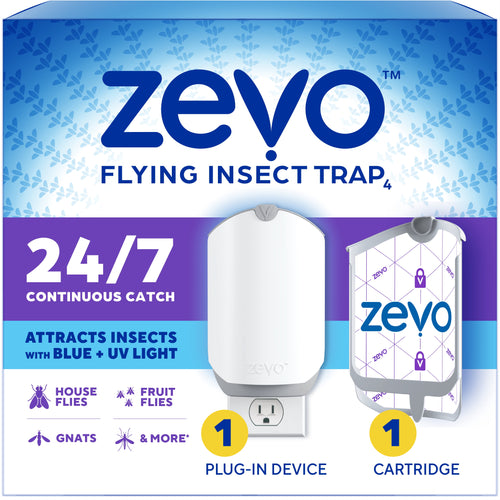 Zevo branded product box front showing plug-in insect trap and cartridge with 24/7 and blue light callouts