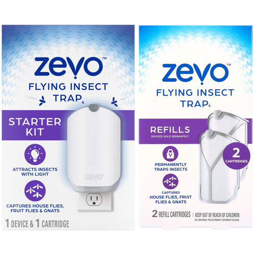 Zevo flying insect trap starter kit and refill packaging showing plug-in device and refill cartridge graphics