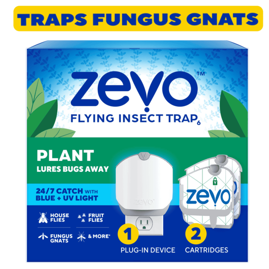 Packaged Zevo Plant flying insect trap box showing plug-in device and refill cartridge with labels