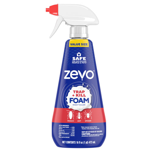 Zevo Trap + Kill Foam insect killer spray bottle with trigger, blue and red value-size label for roach, ant, spider