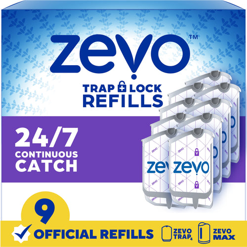 Zevo branded box artwork showing refills and '24/7 continuous catch' messaging with nine refill icons.