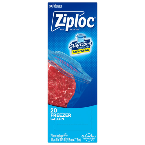 Front-facing Ziploc freezer gallon box with large logo, illustrated open zipper and raw steak image.