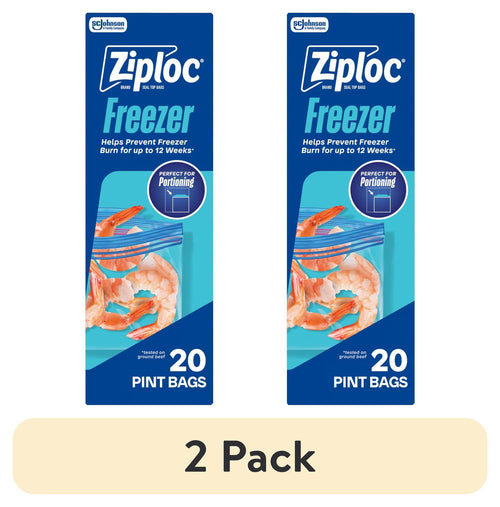 Two tall Ziploc Freezer pint bag boxes side-by-side showing shrimp-filled bag graphic and '20 pint bags' label.