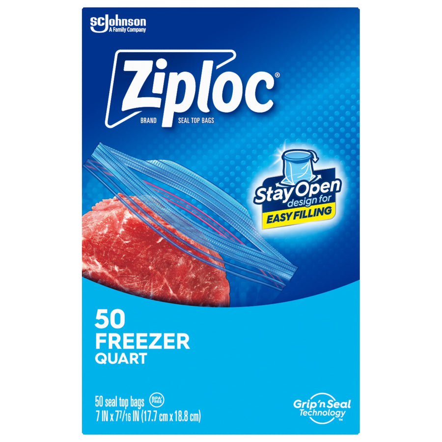 Plain product front art for Ziploc Freezer quart bags showing a zipper-close bag and a piece of meat illustration