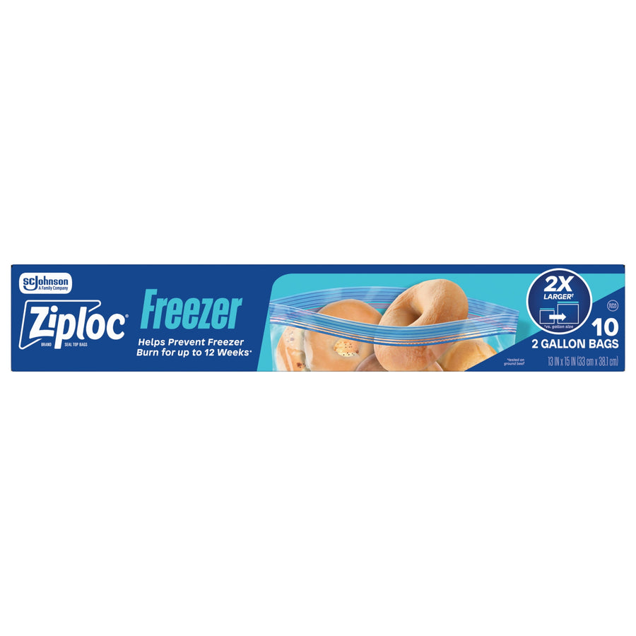 Wide product packaging banner for Ziploc Freezer showing bag of bagels and branding across a blue strip
