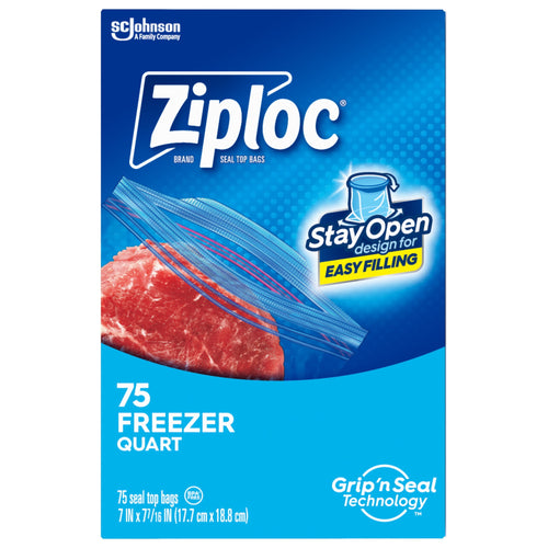 Front product box art for Ziploc freezer quart bags with blue background, meat image and Grip 'n Seal branding