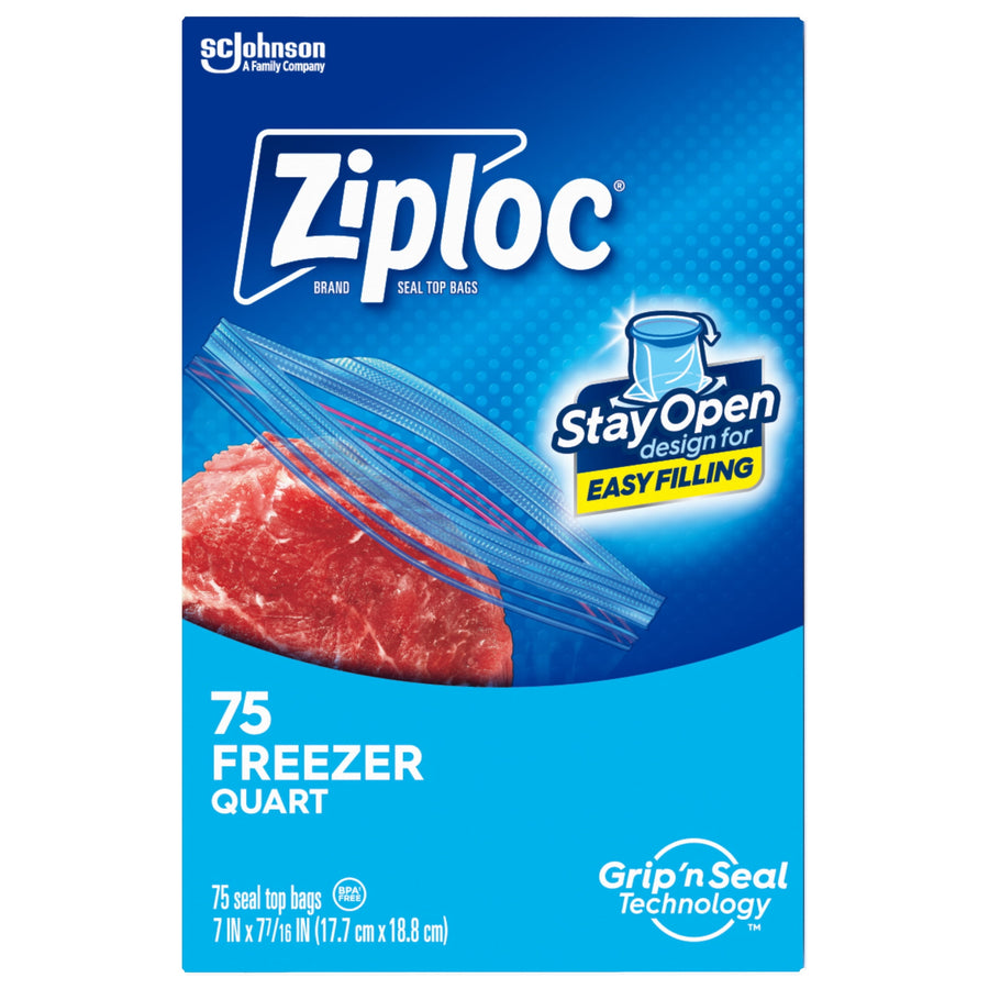 Front product box art for Ziploc freezer quart bags with blue background, meat image and Grip 'n Seal branding