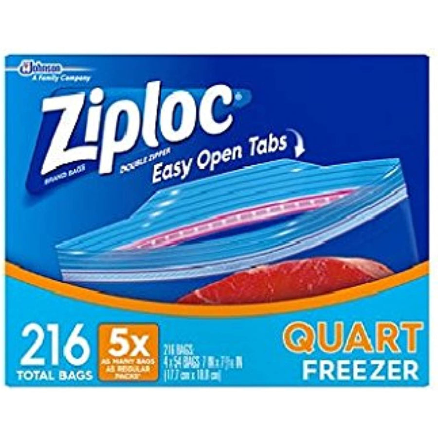 Box of Ziploc quart freezer bags with easy open tabs graphic and '216 total bags' callout