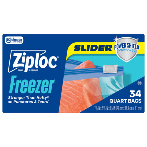 Front-facing Ziploc Freezer Slider quart box showing slider zipper, Power Shield badge and '34 quart bags' labeling.