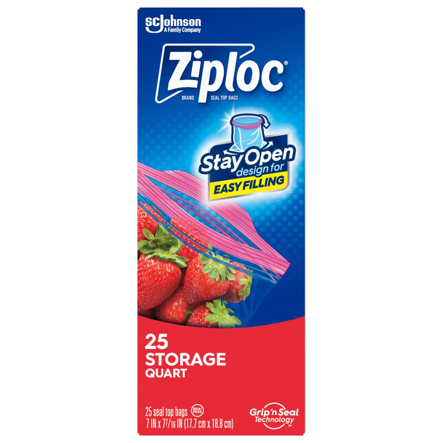 front of ziploc storage quart bags box, 25 count, showing strawberries image