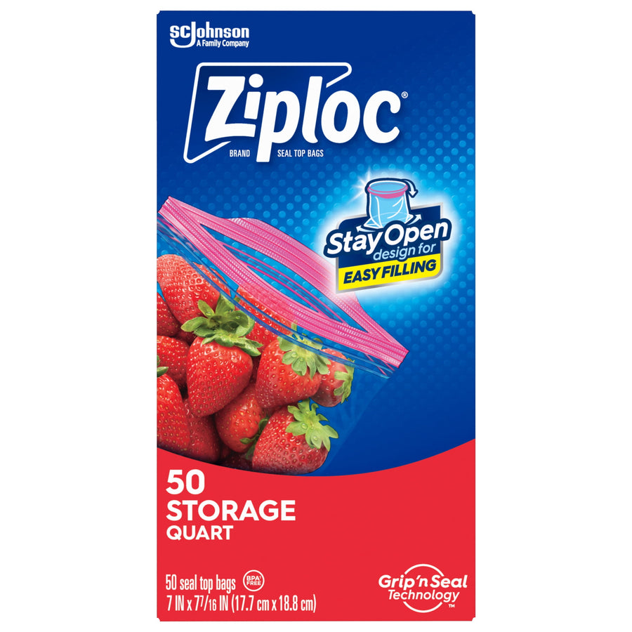 single box of ziploc quart storage bags, 50 count, grip n seal technology, blue and red packaging with strawberries