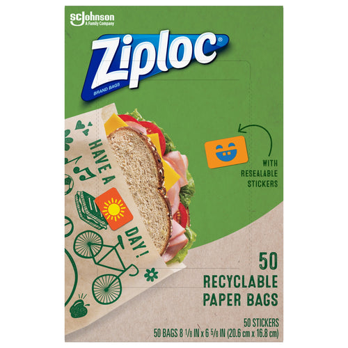 Front of Ziploc box showing logo, a sandwich in a decorated paper bag, and text “50 Recyclable Paper Bags” with resealable-stickers callout