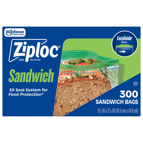 Horizontal Ziploc Sandwich box package image showing zipper detail, bread graphic and '300 Sandwich Bags' label.