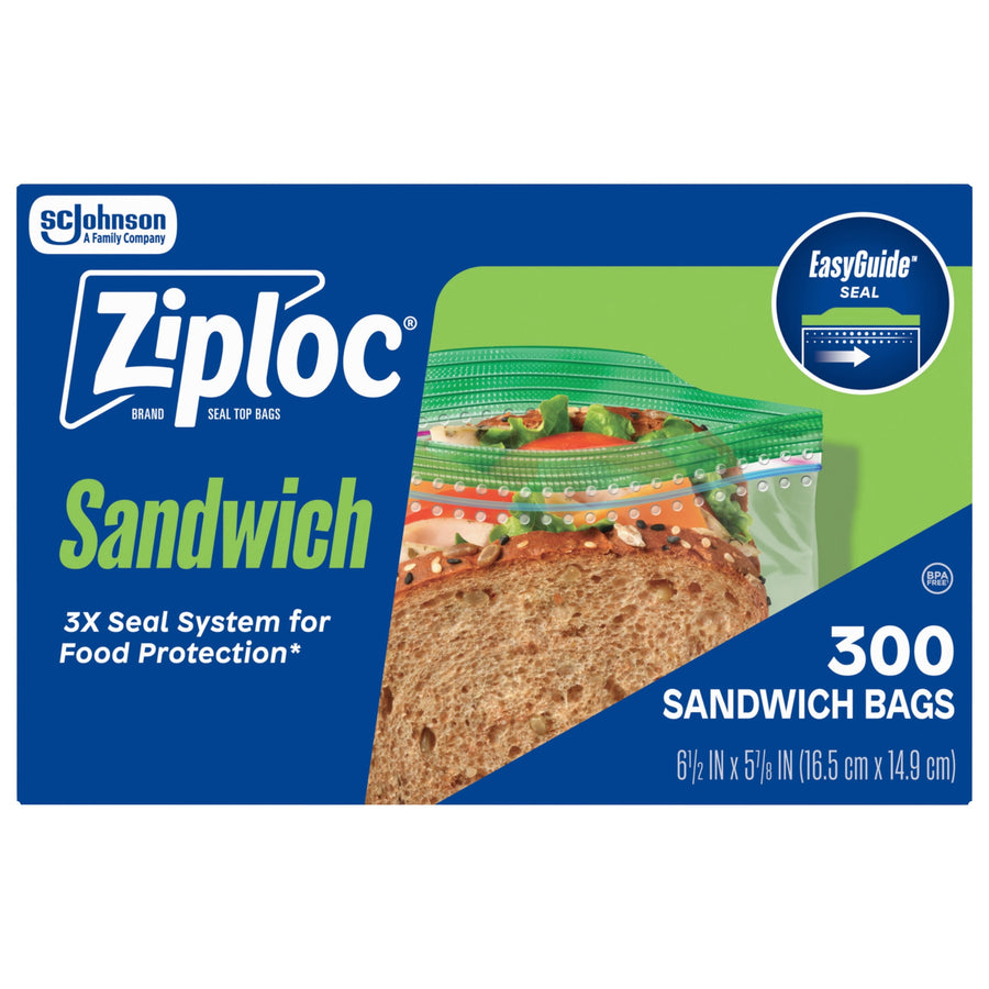 Horizontal Ziploc Sandwich box package image showing zipper detail, bread graphic and '300 Sandwich Bags' label.