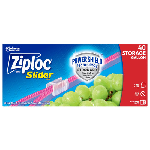 Retail-style product box front for Ziploc Slider featuring grapes, a slider zipper graphic and '40 storage gallon' label