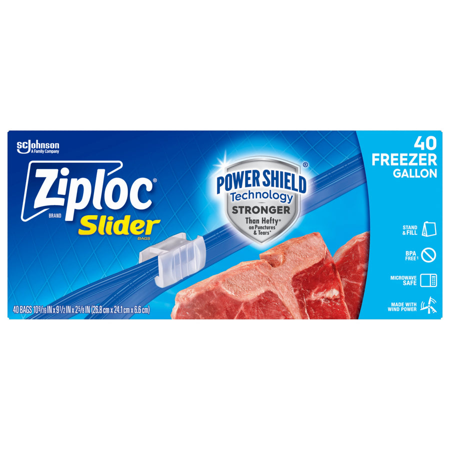 Product box front for Ziploc Slider Freezer showing slider zipper, Power Shield badge and raw meat image
