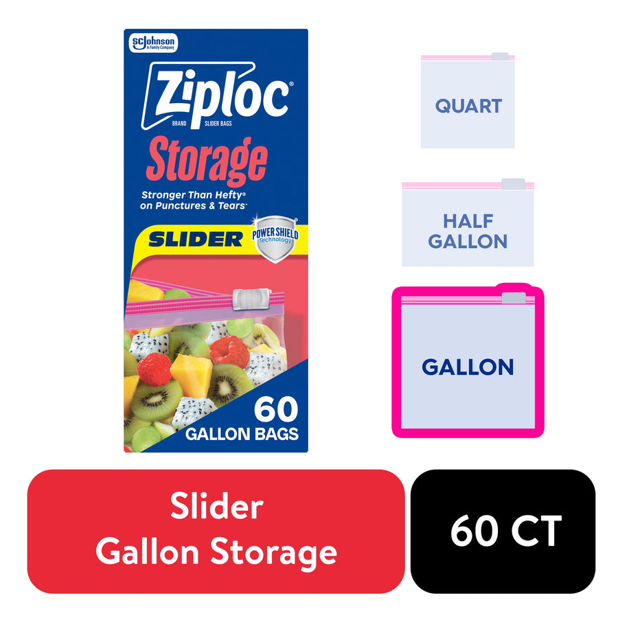 Ziploc Slider gallon storage box artwork showing a filled bag, size icons, and ‘60 gallon bags’ callout on white background.
