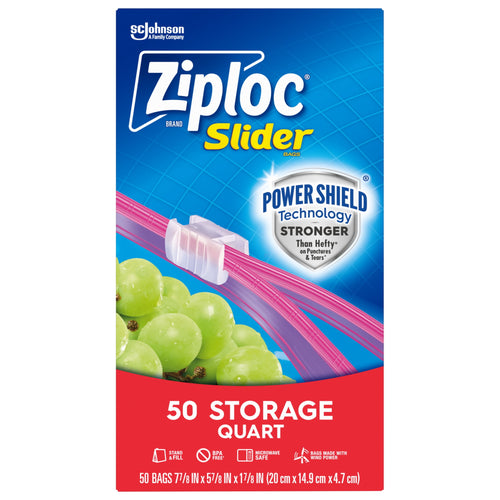 Front-facing box of Ziploc Slider quart storage bags with Power Shield badge and grapes graphic