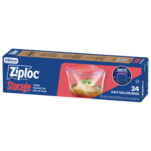 Angled product box of Ziploc Storage half-gallon bags showing packaging artwork and 24 count callout