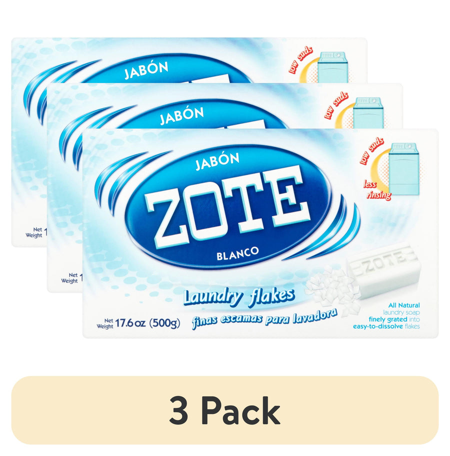Three stacked Zote Blanco laundry flakes boxes with large blue ZOTE logo and a beige '3 Pack' banner below.