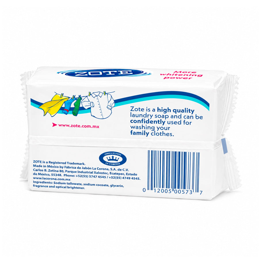 Back and side view of Zote white soap wrapped package showing product description, barcode, and manufacturing text on white background.