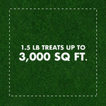 Green grass background with text '1.5 lb treats up to 3,000 sq ft.' inside a dashed square treatment area graphic.