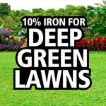 Lawn scene background with bold text reading 10% iron for deep green lawns overlaid on the grass