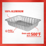 Single aluminum lasagna pan on a light background with callouts for "100% aluminum", kosher certified and oven-safe to 500°F